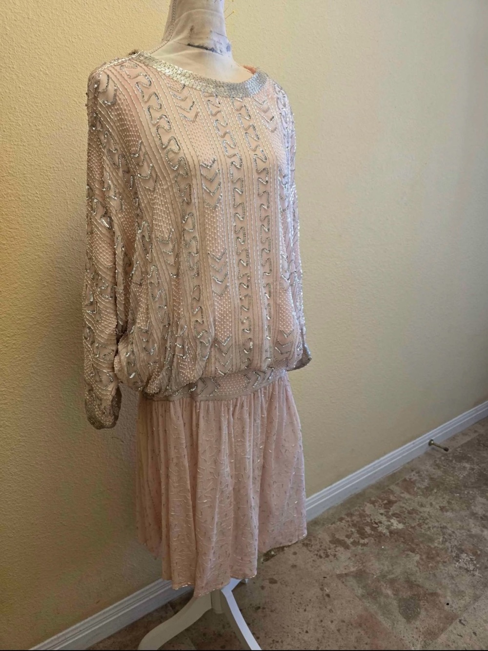 Vintage Judith Ann for Andie & Barbara Pink Silk Beaded Drop Waist Dress Small - Picture 2 of 8